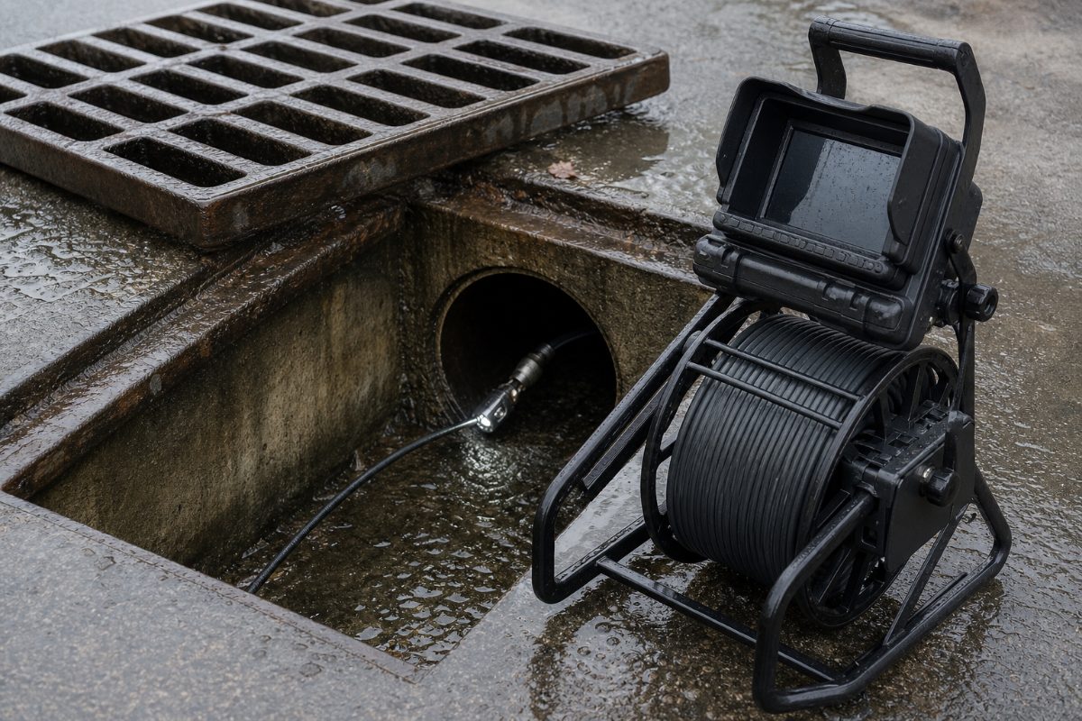 CCTV pipe inspection equipment beside an open storm drain access point