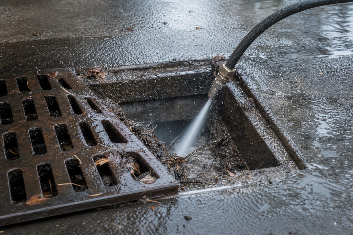 Hydro jetting hose flushing debris from a storm drain opening
