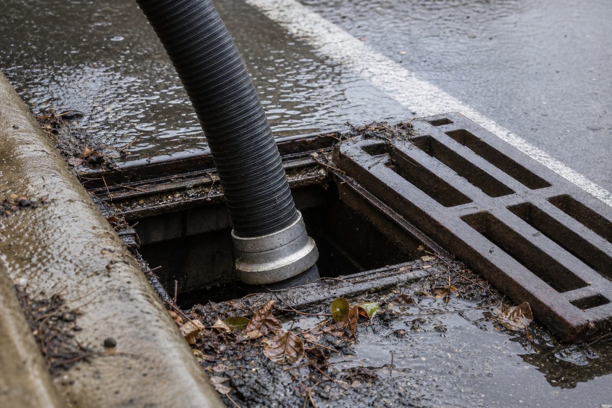 Vacuum hose cleaning an open catch basin on wet pavement